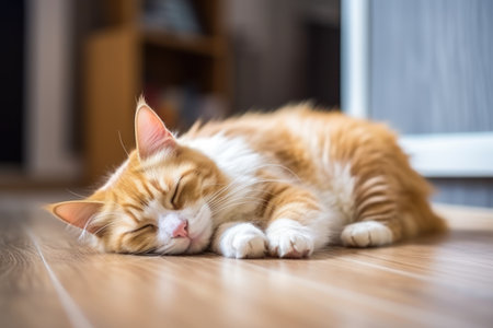 Cute cat lie down on floor with plant background.の素材