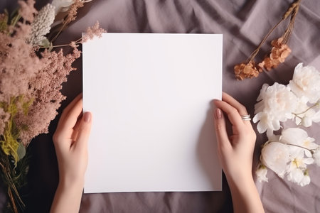 Woman hand hold white paper with flower background.の素材