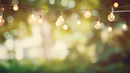 Many light bulbs hang on tree in garden.の素材