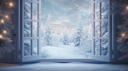 Empty space for display of window with snow in winter season background.の素材