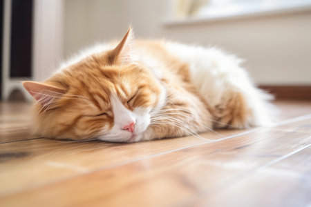 Cute cat lie down on floor with plant background.の素材