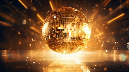 Shiny disco ball gold and colorful with bokeh background.の素材