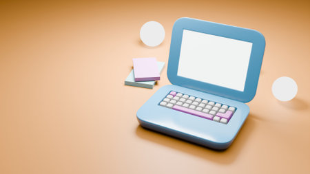 Cute 3d render of laptop and book on table background.の写真素材