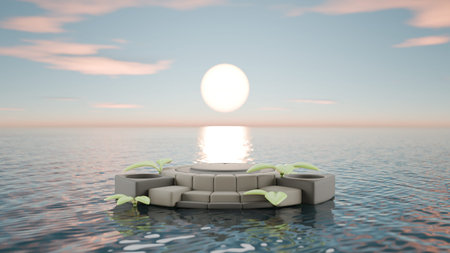 4K Footage of Closed up podium to display product on ocean wave view and blue sky.
