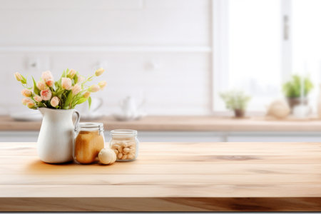Wooden table on blurred white kitchen background.の素材