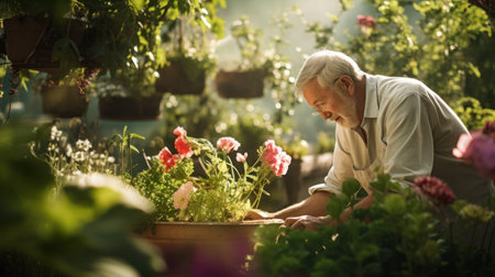 A Senior Gardener Nurturing Plants in a Tranquil Garden.の素材
