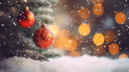 Close up green Christmas tree branches in snow background.の素材