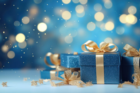 Gift boxes with golden bow on blue bokeh background.の素材