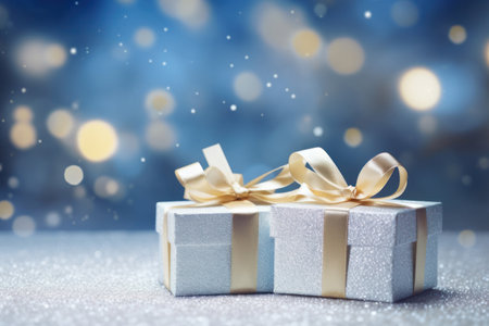 Closed up gift boxes on table on bokeh background.の素材