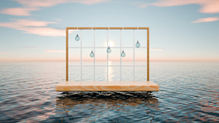 Closed up podium to display product on ocean wave view and blue sky.の写真素材