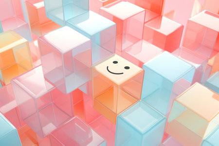 Smile face think positive concept on cube background.の素材