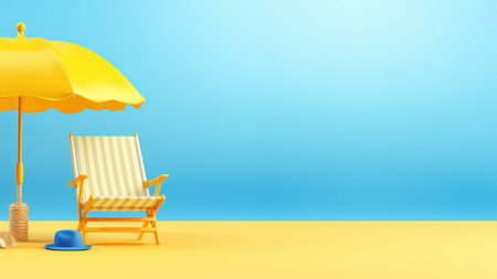3d render of beach items umbella chair and hat on blue background.の素材