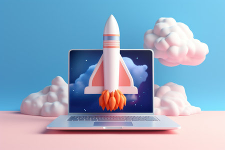 3d render of cute spaceship on laptop screen.の素材
