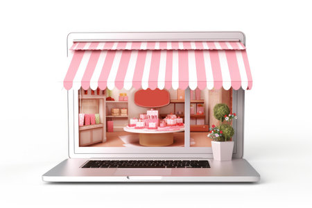 3d render shopping online cloths and gift with laptop.の素材