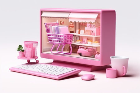3d render shopping online cloths and gift with laptop.の素材