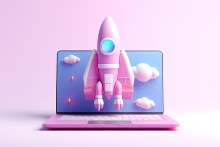 3d render of cute spaceship on laptop screen.の素材