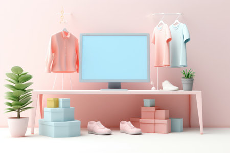 3d render shopping online cloths and gift with laptop.の素材