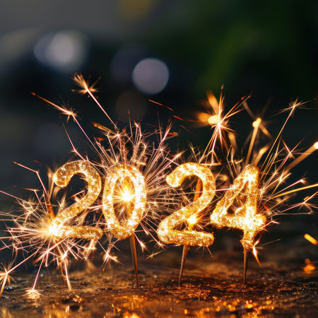 The word 2024 number of new year new chapter and begining with sparkler background.の素材