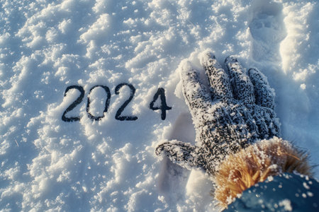 Hand writting of 2024 on snow Happy New Year concept background.の素材