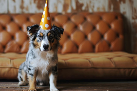 Cute Australian shepherd dog wear cone hat with copyspace for text.の素材