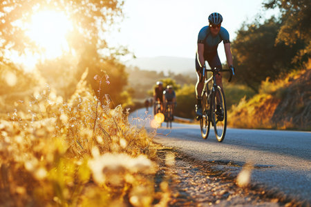 Cyclist riding bike sports outdoors on sunny day.の素材