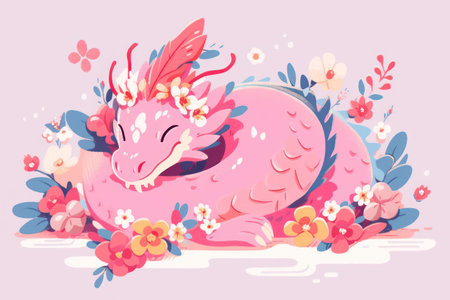 Cute dragon with ornament montage whimsical flat vector minimal with flower frame.の素材