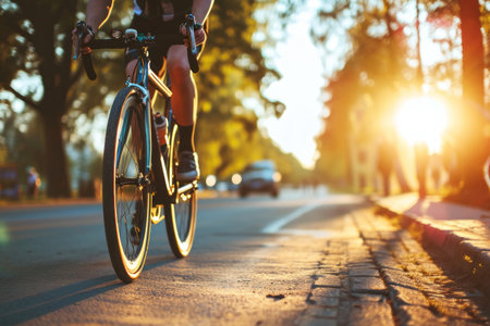 Cyclist riding bike sports outdoors on sunny day.の素材