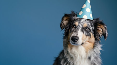 Cute Australian shepherd dog wear cone hat with copyspace for text.の素材