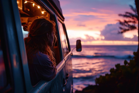 A young woman sitting inside van watching the sunset peacefully.の素材