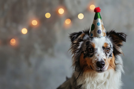 Cute Australian shepherd dog wear cone hat with copyspace for text.の素材