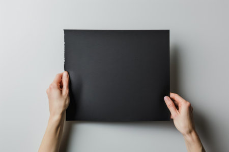 Hand hold black color blank paper on white background.の素材