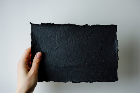 Hand hold black color blank paper on white background.の素材