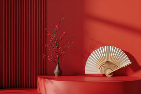 3d rendering Chinese new year Red podium display mockup on red abstract background.の素材