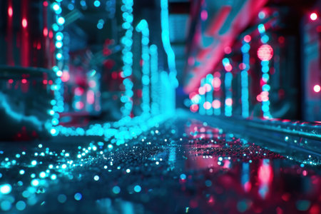 Trendy young teen in action on blue glitter light neon  bokeh effect AI technology conccept.の素材
