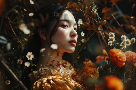 Retro Japanese woman fashion in a mysterious atmosphere.の素材