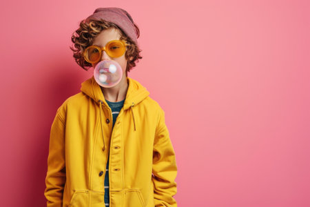 Trendy Young teen with skateboard look blowing bubble gum on pink background.の素材
