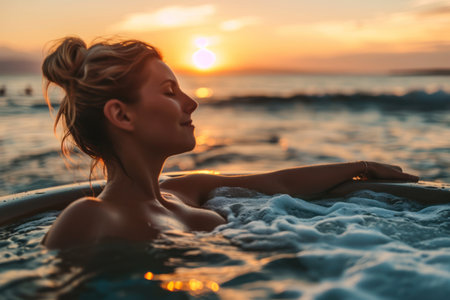 Young woman relaxing at hot tub in ocean background.の素材
