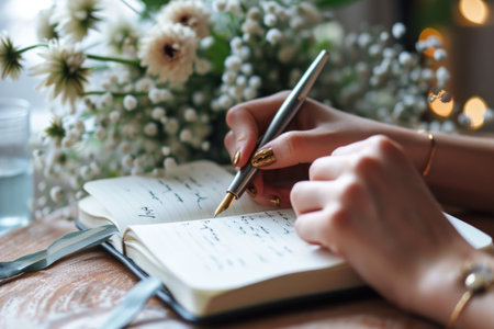 Hand of woman writing on dairy book.の素材