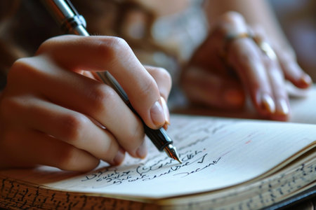 Hand of woman writing on dairy book.の素材