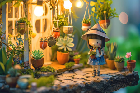 3d cute a little girl plant the pot nature background.の素材