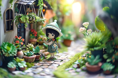 3d cute a little girl plant the pot nature background.の素材
