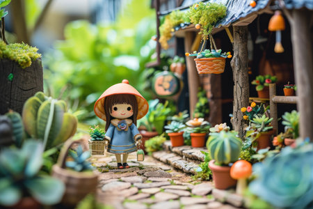 3d cute a little girl plant the pot nature background.の素材