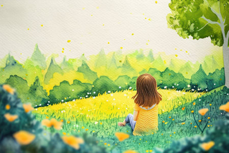 Cute watercolor paniting of a little girl in nature background.の素材