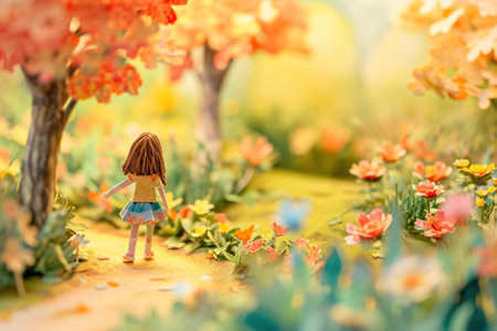 Cute watercolor paniting of a little girl in nature background.の素材