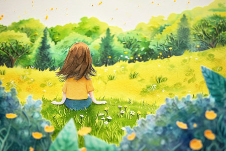 Cute watercolor paniting of a little girl in nature background.の素材