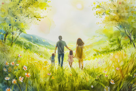 Watercolor paint of Happy family walk together on nature background.の素材