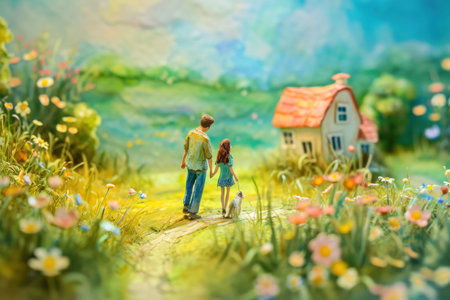 Watercolor paint of Happy family walk together on nature background.の素材
