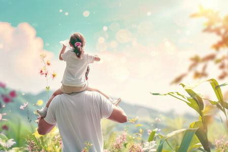 Kid on Father shoulders blue sky and family.の素材