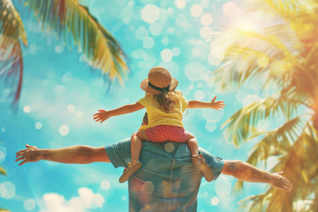 Kid on Father shoulders blue sky and family.の素材