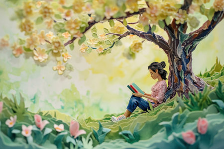 Cute painting watercolor of woman reading book in nature.の素材